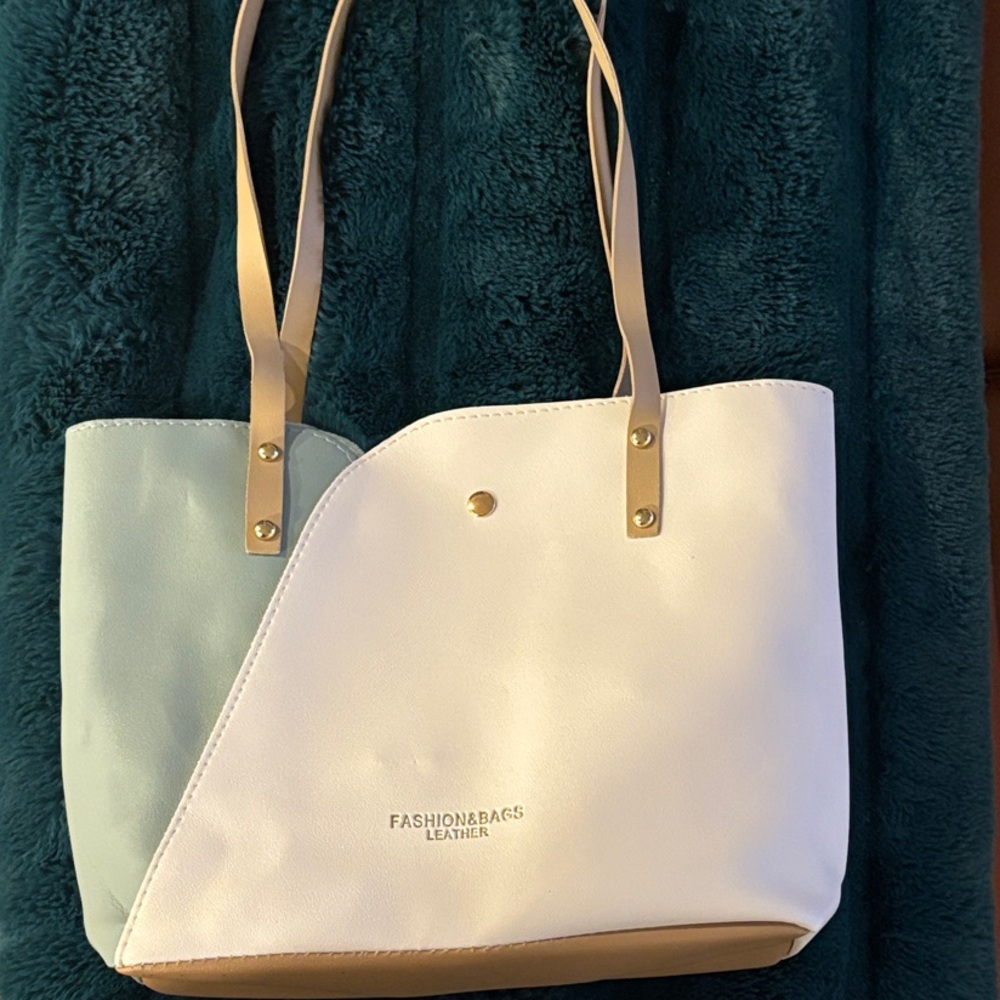 Leather White and Tan Tote Bag